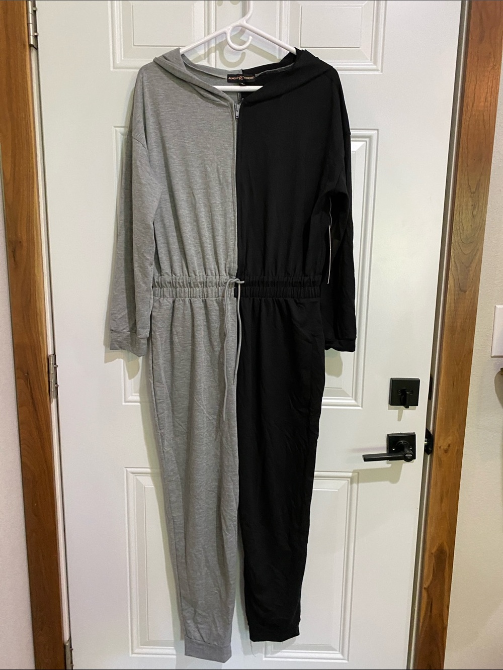 Almost Famous Black and Gray Colorblock Hooded Jumpsuit